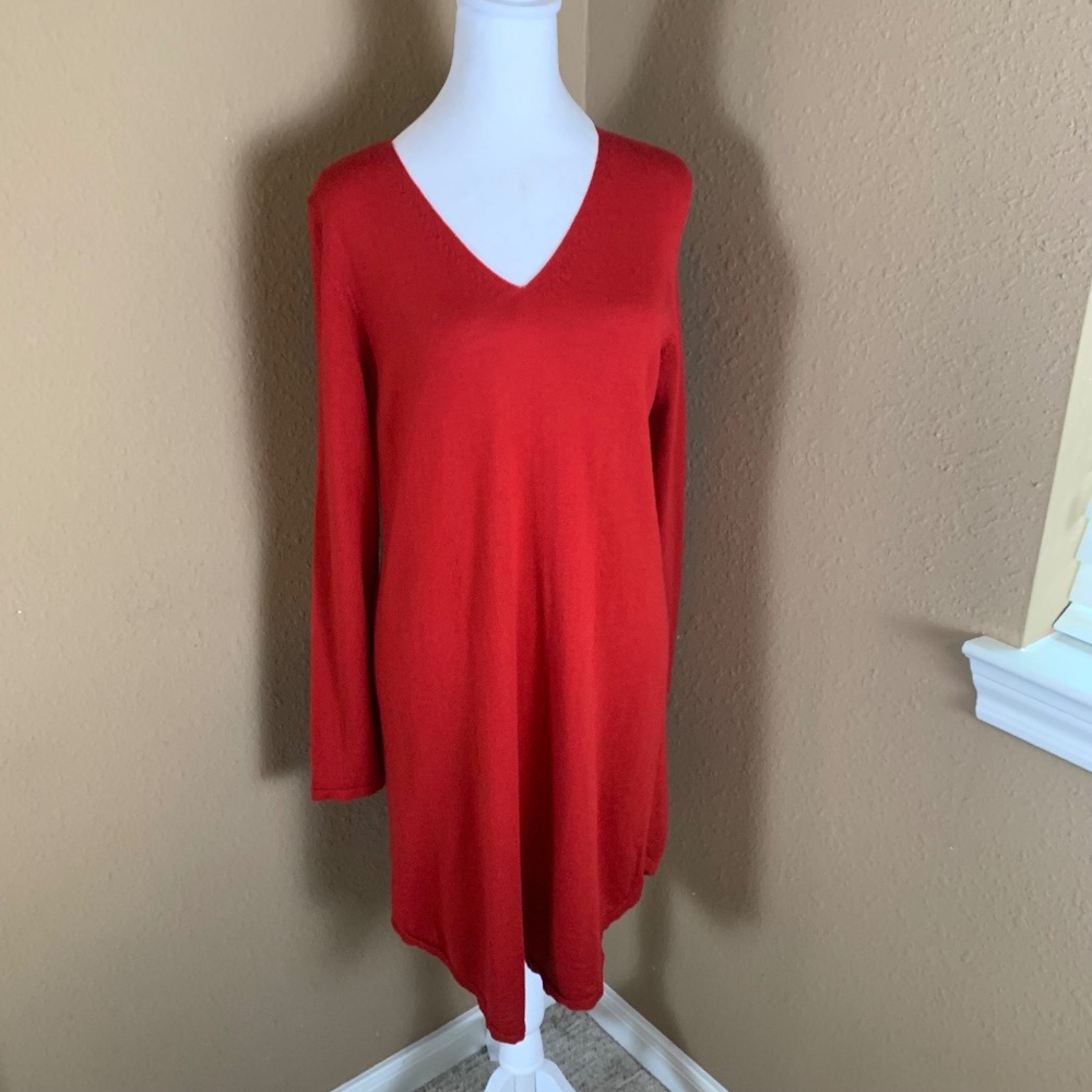 Eileen Fisher Red Merino Wool Tunic Sweater Dress V Neck Minimalist M
